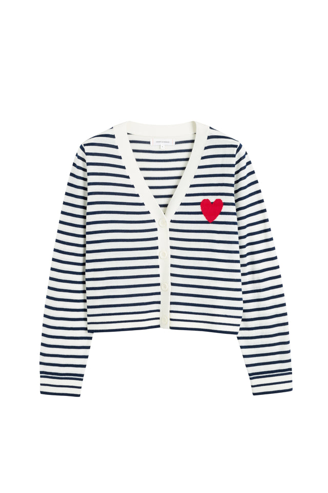 Cream-Navy Merino Heart Breton Cardigan image 2