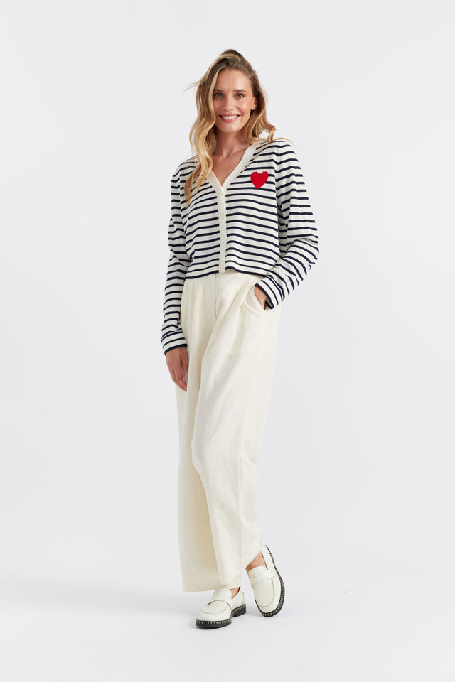 Cream-Navy Merino Heart Breton Cardigan image 1