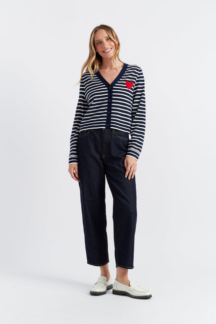 Navy-Cream Merino Heart Breton Cardigan