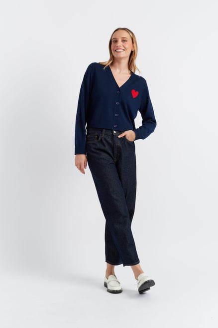 Navy Merino Heart Breton Cardigan
