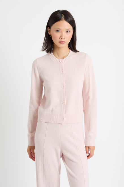 Pink-Melange Wool-Cashmere Crew Neck Cardigan