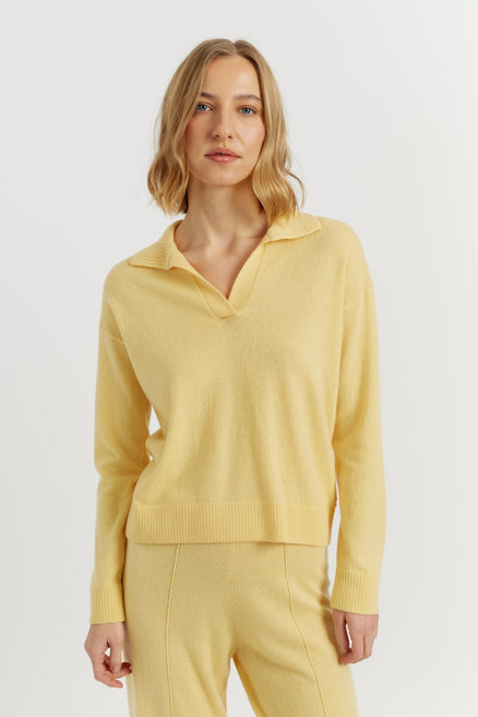 Soft-Yellow Wool-Cashmere Collared Sweater