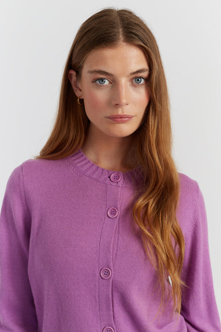 Lilac Wool-Cashmere Crew Neck Cardigan