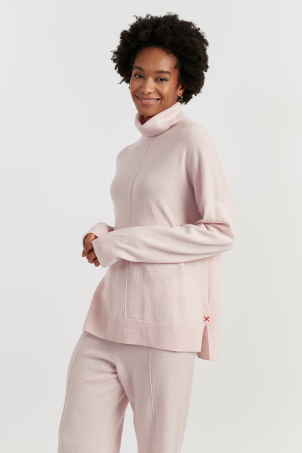 Pink-Melange Wool-Cashmere Relaxed Rollneck Sweater