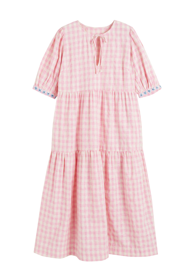 Pink Linen-Blend Gingham Daisy Day Dress image 5