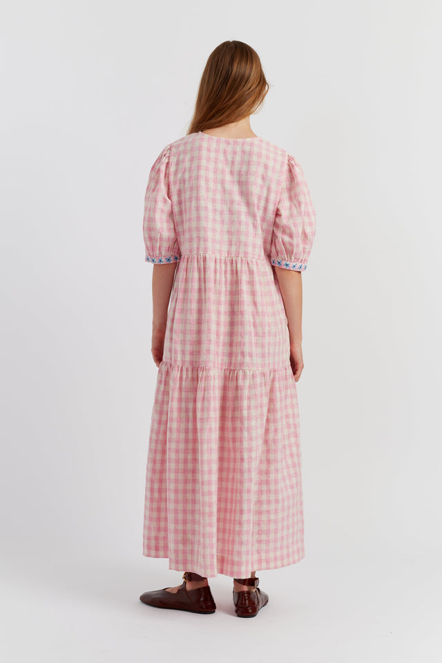 Pink Linen-Blend Gingham Daisy Day Dress image 3