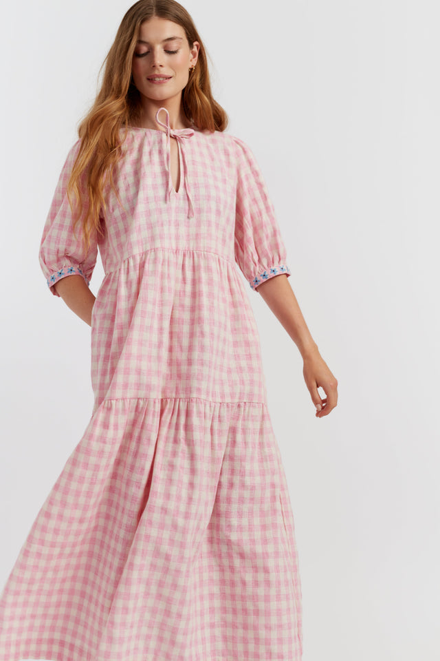 Pink Linen-Blend Gingham Daisy Day Dress image 4