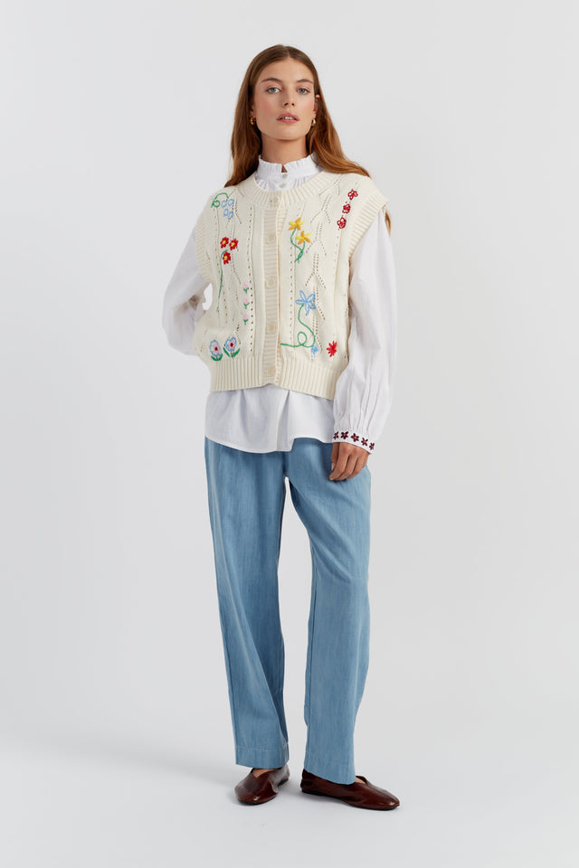 Cream Cotton Hand Embroidered Floral Tank image 3