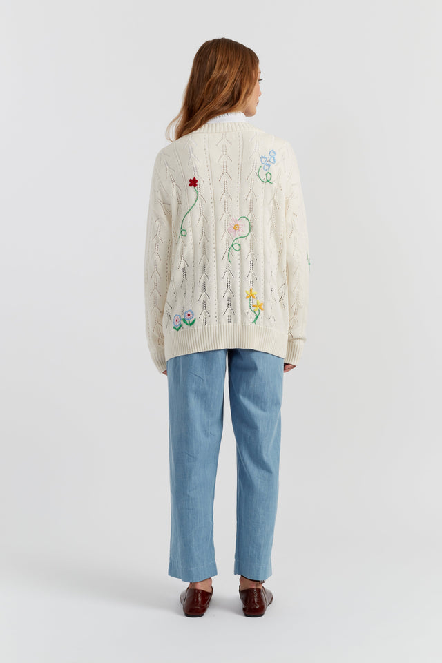 Cream Cotton Hand Embroidered Floral Cardigan image 3