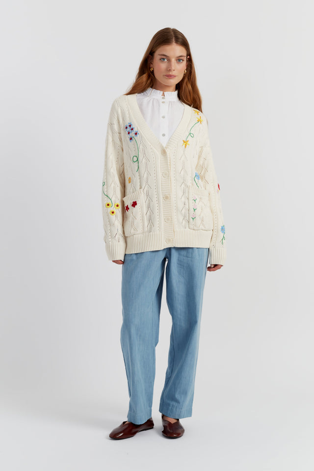 Cream Cotton Hand Embroidered Floral Cardigan image 2