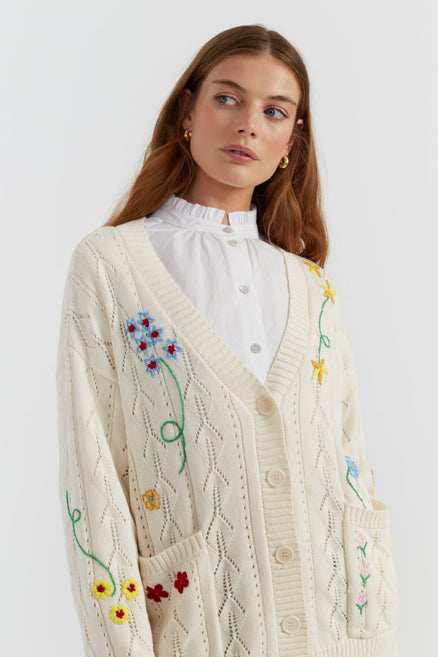Cream Cotton Hand Embroidered Floral Cardigan