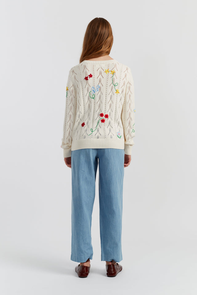 Cream Cotton Hand Embroidered Floral Sweater image 4