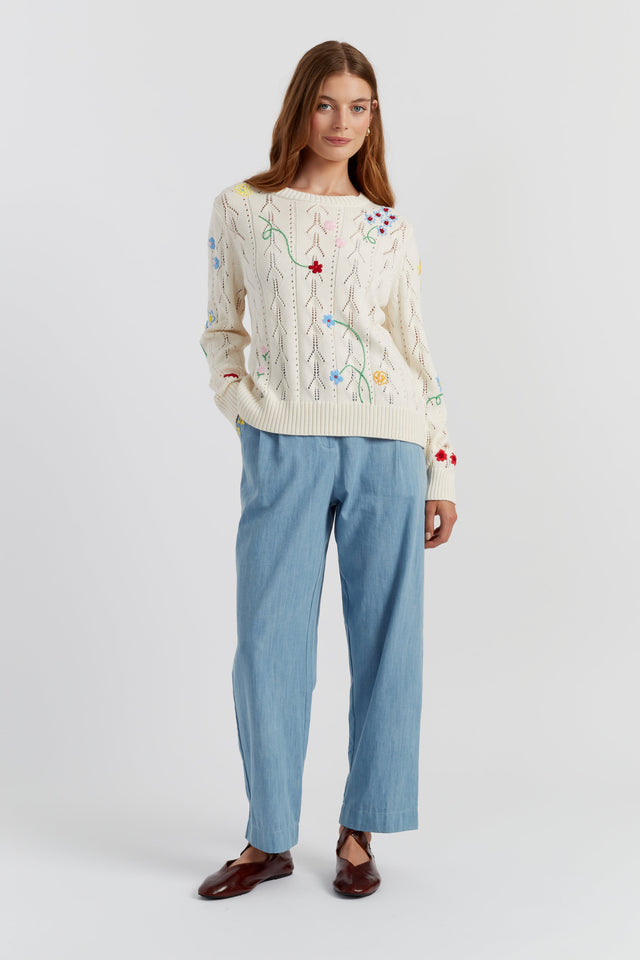 Cream Cotton Hand Embroidered Floral Sweater image 3