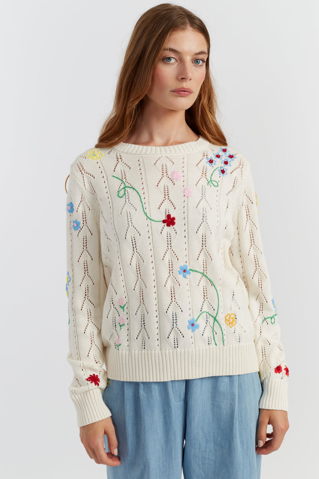 Cream Cotton Hand Embroidered Floral Sweater image 2