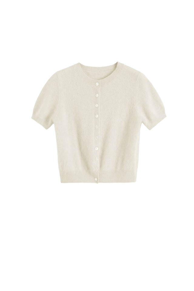 Cream Brushed Pure Cashmere Button Tee image 5