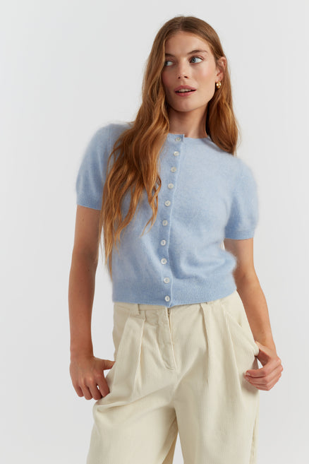 Baby-Blue Brushed Pure Cashmere Button Tee
