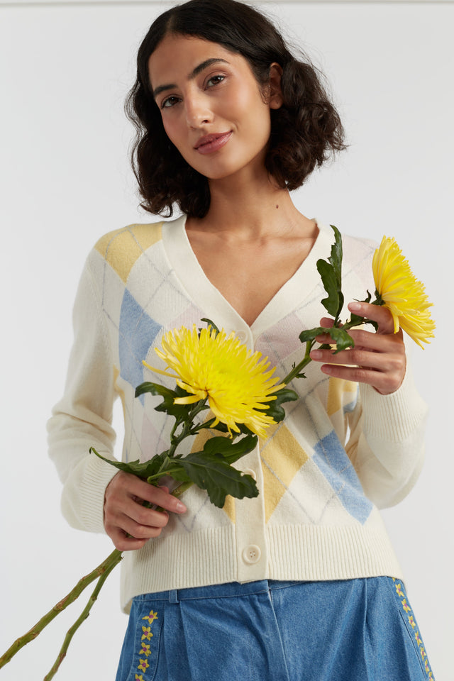 Cream Wool-Cashmere Argyle Cardigan image 3