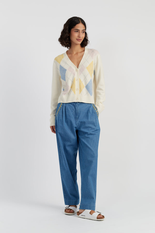 Cream Wool-Cashmere Argyle Cardigan image 2