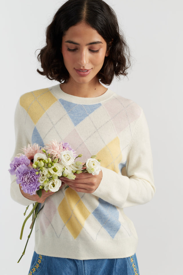 Cream Wool-Cashmere Argyle Sweater image 3