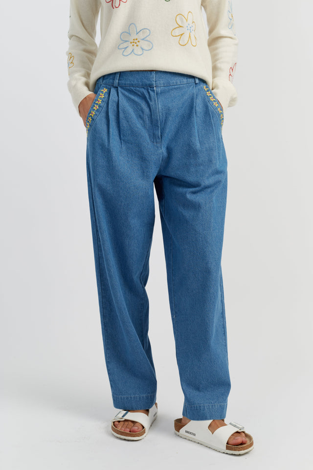 Blue Cotton Chambray Daisy Trousers image 4