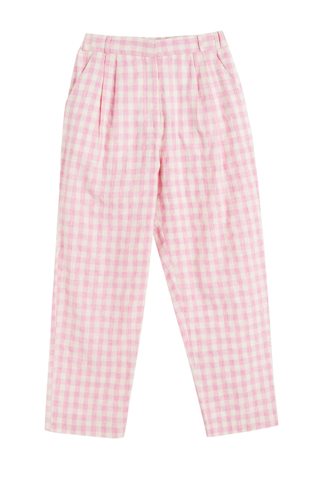 Pink Linen-Blend Gingham Trousers image 4