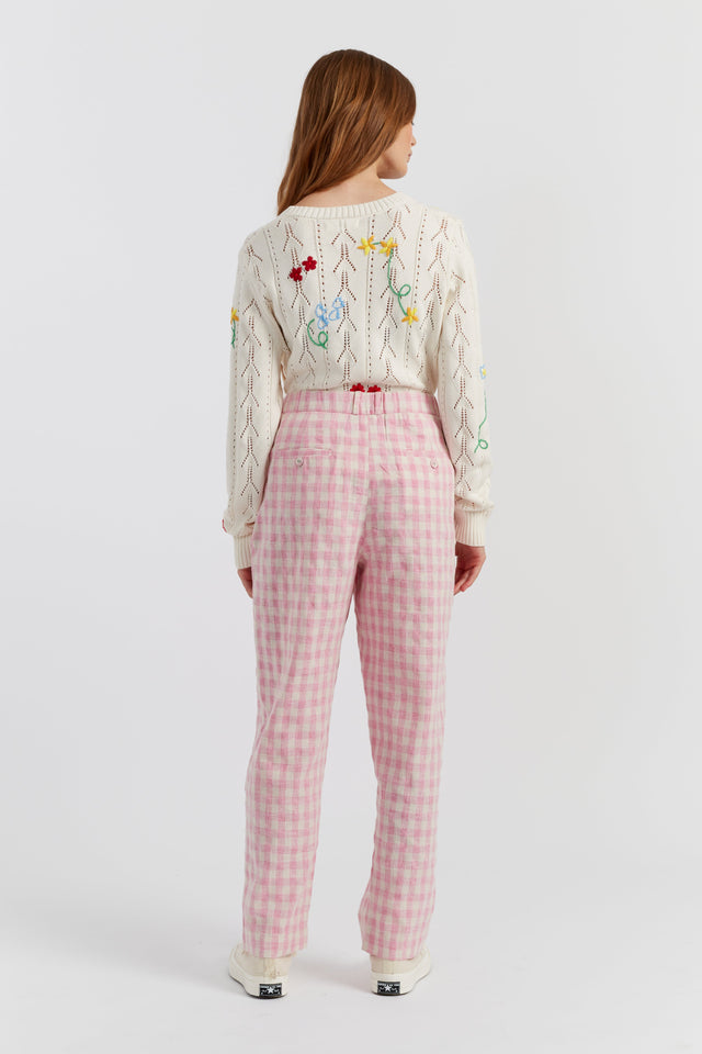 Pink Linen-Blend Gingham Trousers image 3