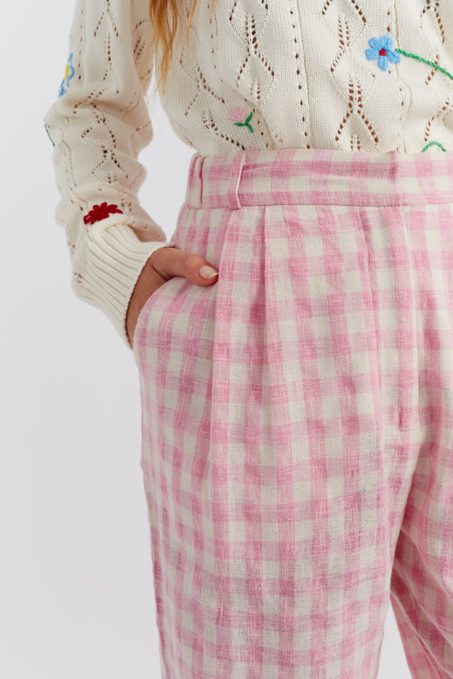 Pink Linen-Blend Gingham Trousers image 2