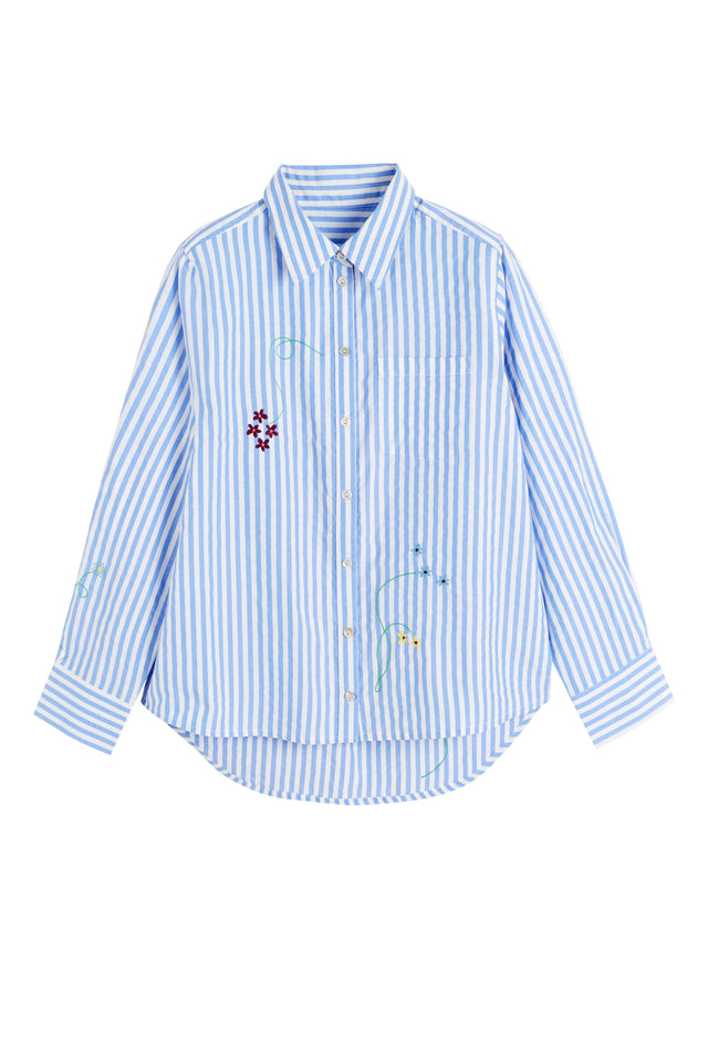 Blue Cotton Oxford Stripe Floral Shirt image 4