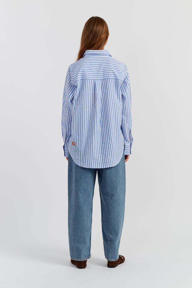 Blue Cotton Oxford Stripe Floral Shirt image 3