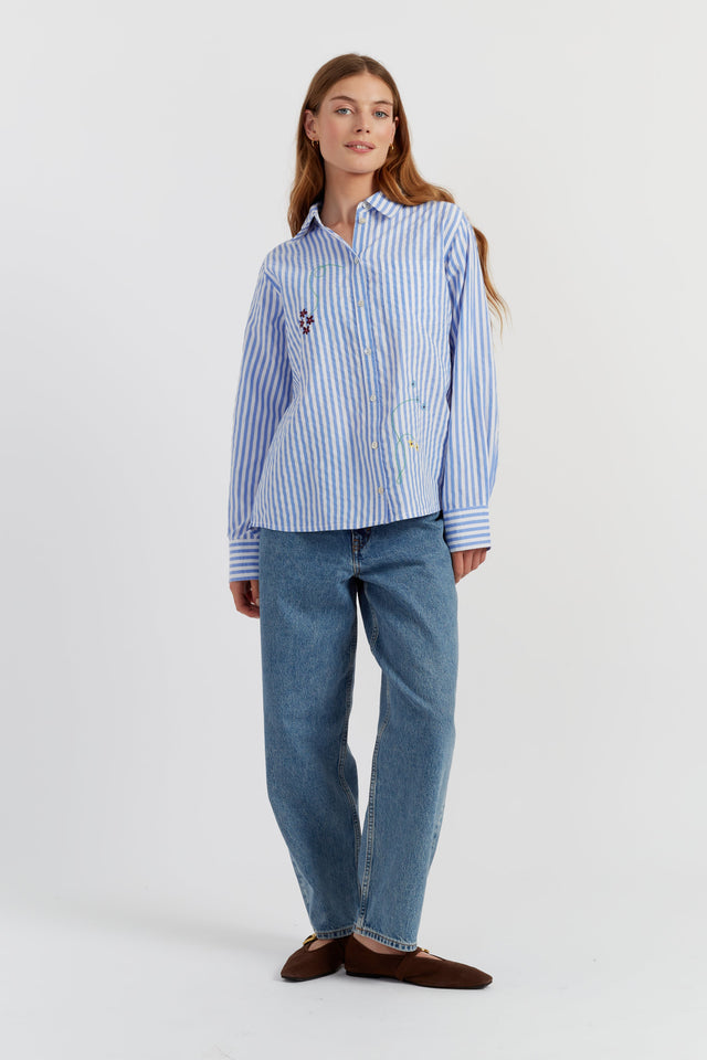 Blue Cotton Oxford Stripe Floral Shirt image 2