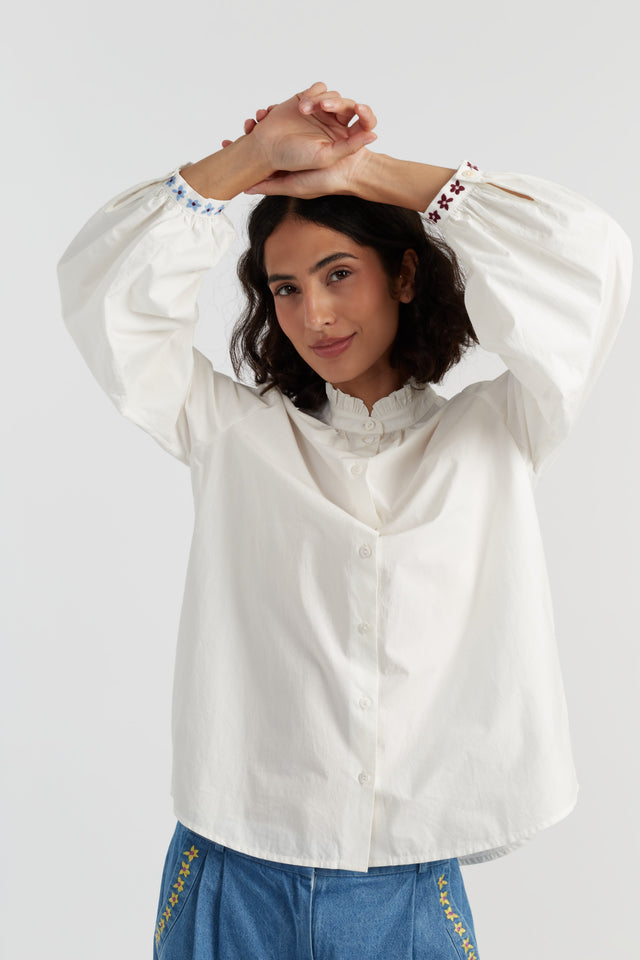 Cream Cotton Frill Embroidery Shirt image 4
