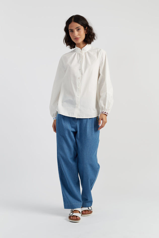 Cream Cotton Frill Embroidery Shirt image 2