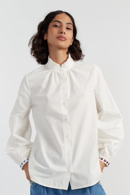 Cream Cotton Frill Embroidery Shirt