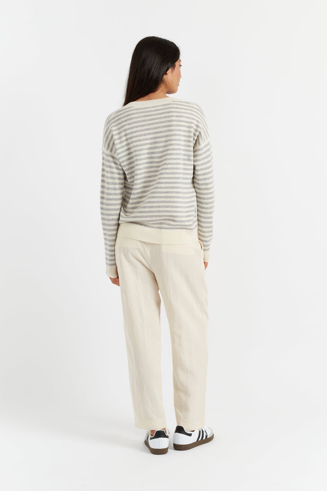 Cream Wool-Cashmere Stripe V-Neck Sweater image 2
