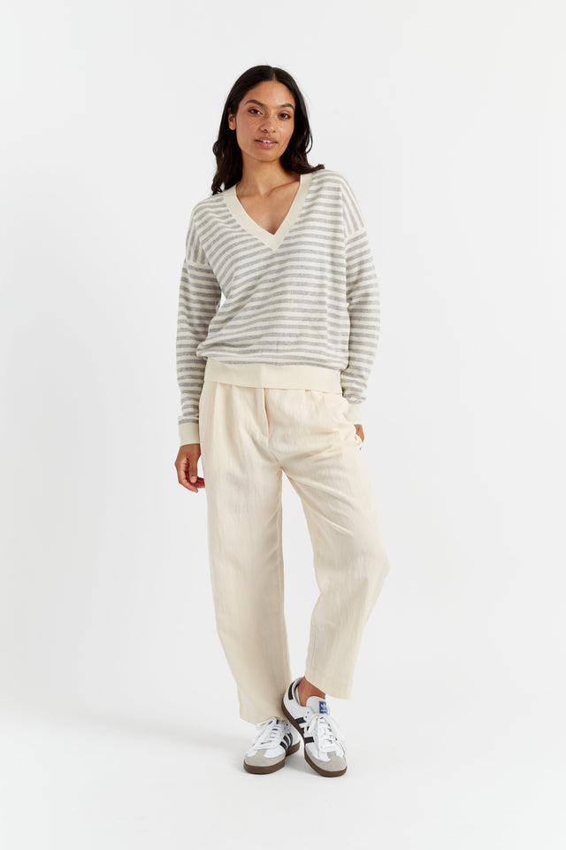 Cream Wool-Cashmere Stripe V-Neck Sweater image 3