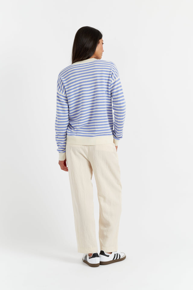 Powder-Blue Wool-Cashmere Stripe V-Neck Sweater image 2