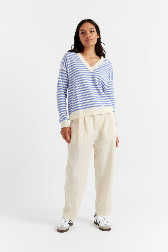 Powder-Blue Wool-Cashmere Stripe V-Neck Sweater image 3