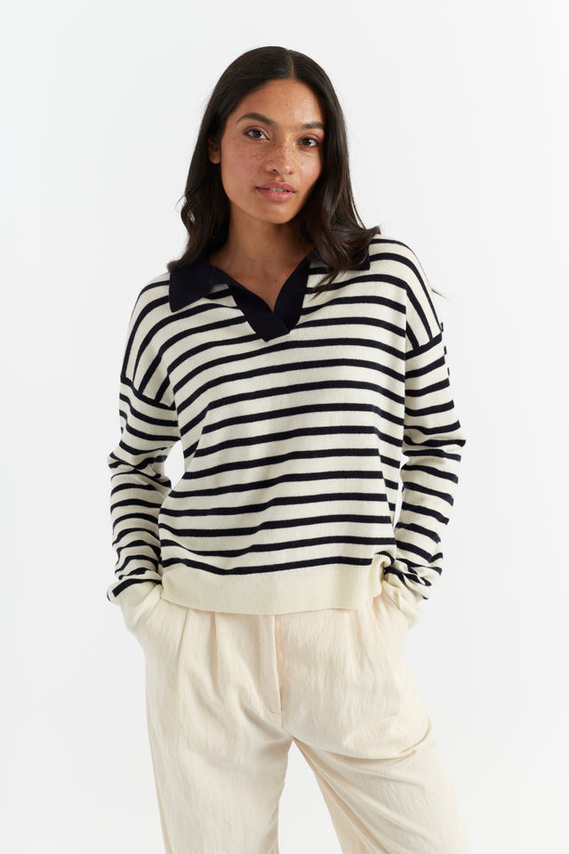 Navy Wool-Cashmere Striped Collar Sweater image 1