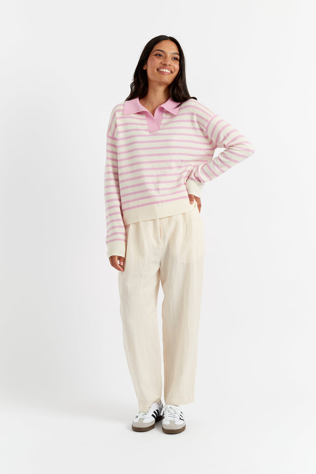 Pink-Lemonade Wool-Cashmere Striped Collar Sweater image 3