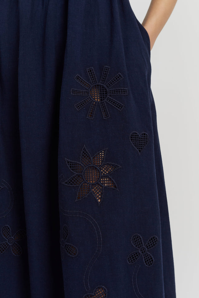 Navy Linen-Blend Broderie Summer Dress image 4