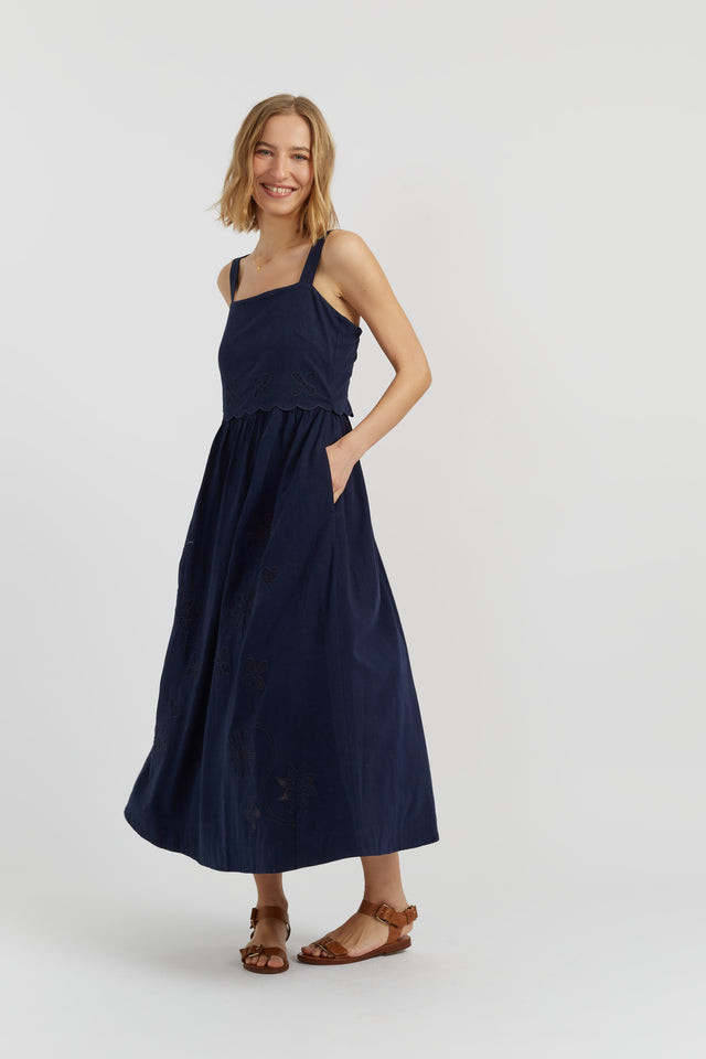 Navy Linen-Blend Broderie Summer Dress image 2