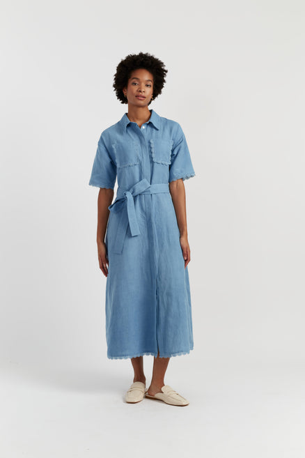 Chinti and Parker Women's Dress Dusty-Blue Linen-Blend Scallop Shirt style