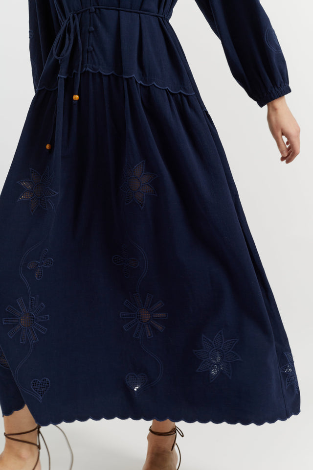 Navy Linen-Blend Broderie Dress image 2