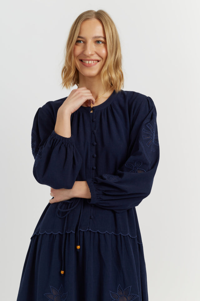 Navy Linen-Blend Broderie Dress image 3
