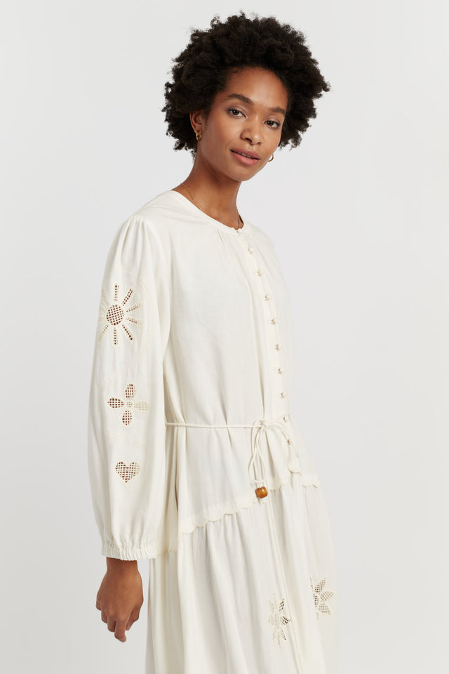 Cream Linen-Blend Broderie Dress image 2