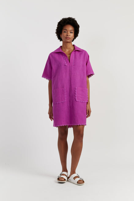 Magenta Linen-Blend Scallop Tunic Dress