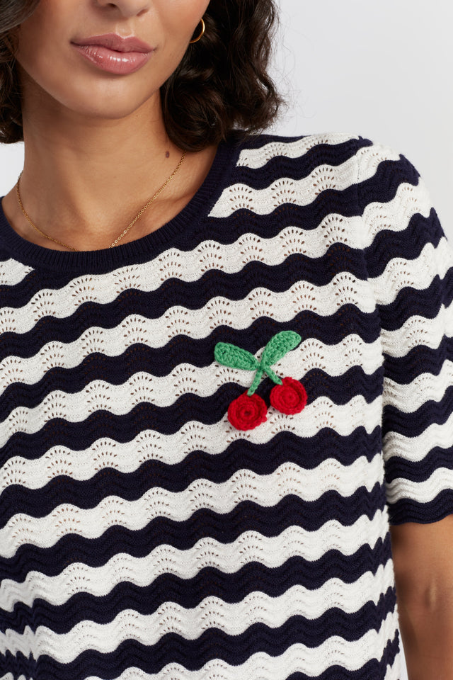 Navy Cotton Cherry Crochet Tee image 2