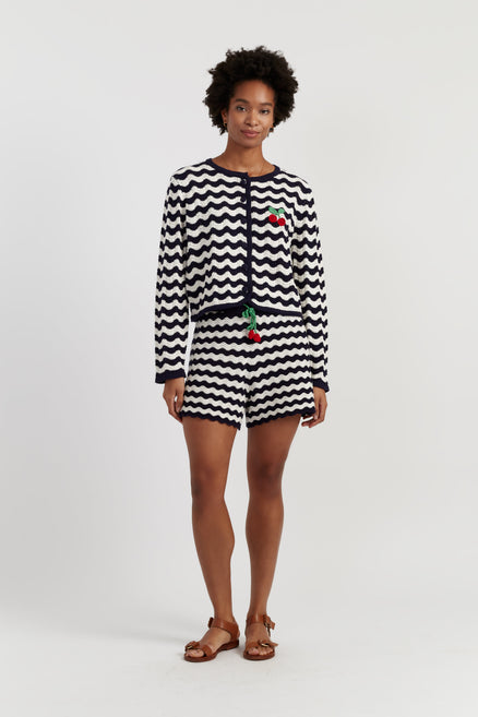 Navy Cotton Cherry Crochet Cardigan