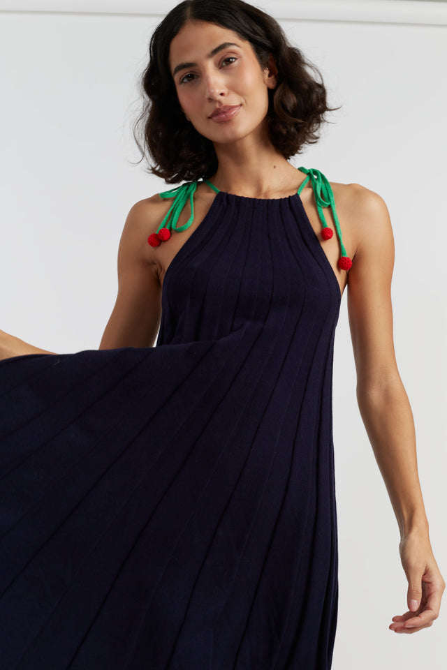 Navy Cotton Cherry Swing Dress image 4