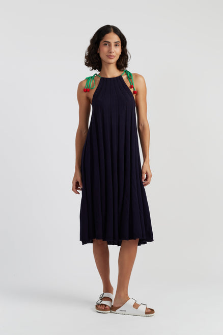 Navy Cotton Cherry Swing Dress
